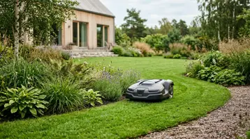 Uden kanttråd illustreret som robotplæneklippere hos Robotvalg.dk