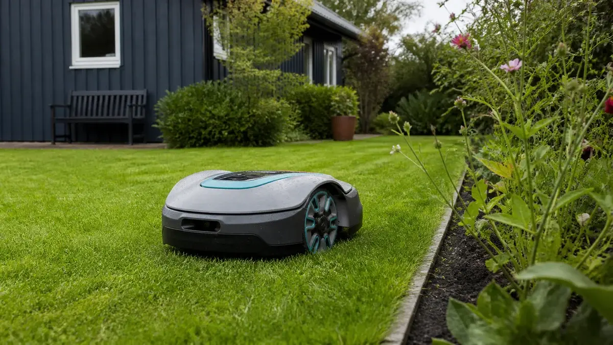 Kompakt robotplæneklipper der følger kanten af en velplejet haveplæne