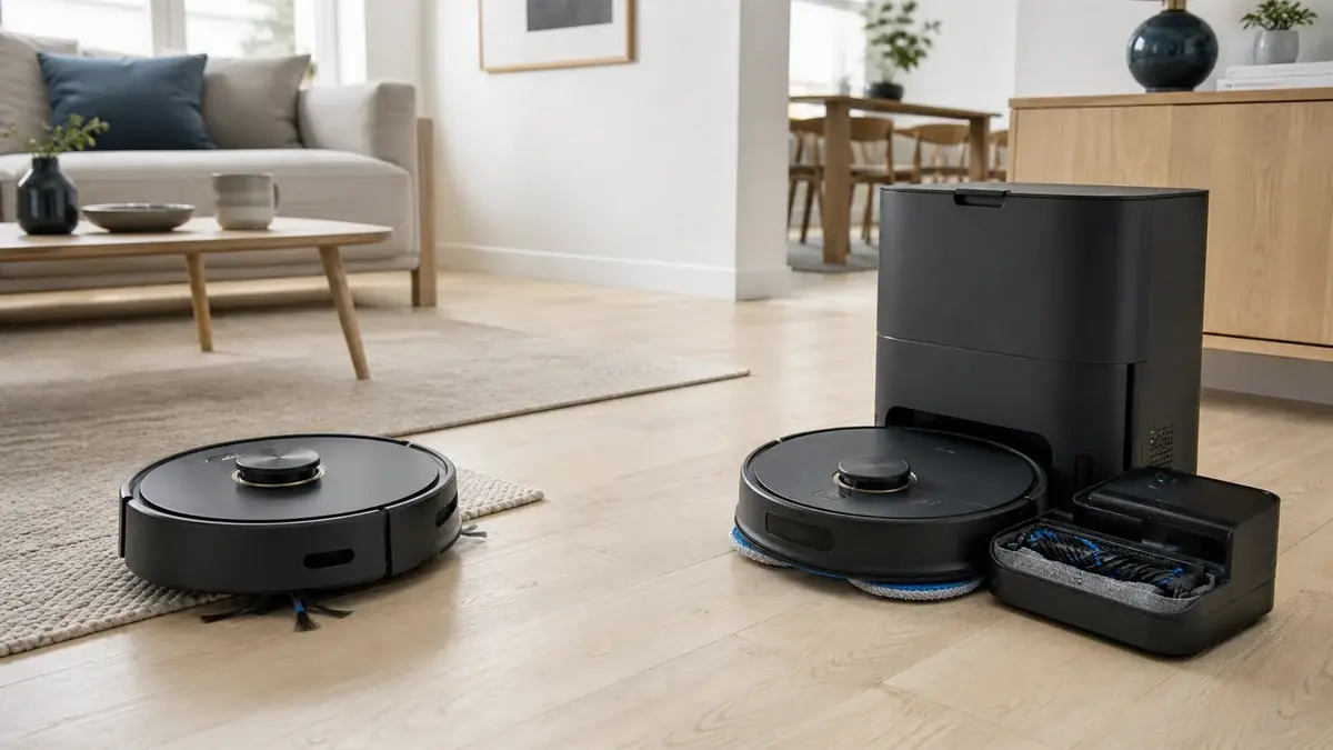 To runde robotstøvsugere ved en kompakt automatisk tømmestation i en lys stue