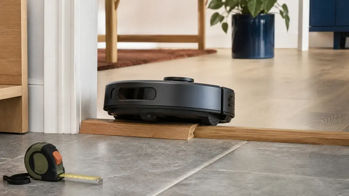 Robotstøvsuger der krydser et trædørtrin med en lav rampe og målebånd ved siden af