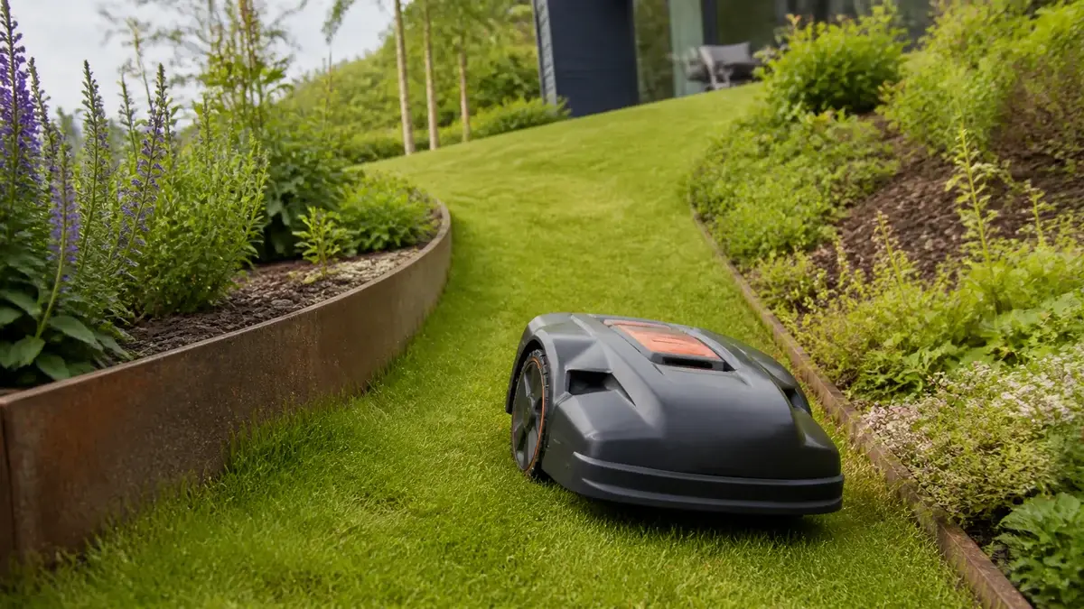 Mørk robotplæneklipper der drejer gennem en smal passage på en skrånende plæne